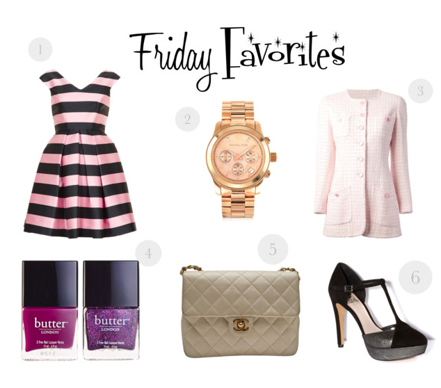 Striped dress, rose gold watch, pink coat, pink nail polish, quilted bag