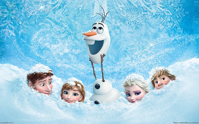 Hans, Anna, Olaf, Elsa, and Kristoff are neck deep in snow for a poster for Disney's Frozen