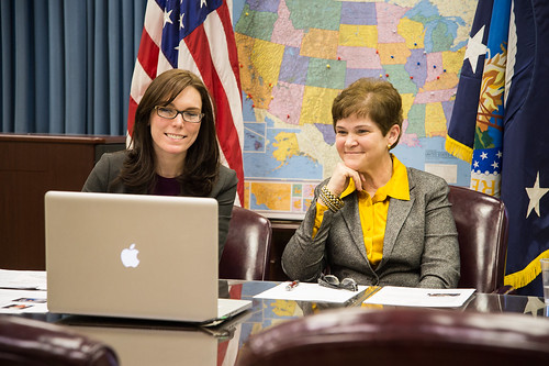 U.S. Department of Agriculture (USDA) New and Beginning Farmer and Rancher Program Coordinator Lilia McFarland and Agriculture Deputy Secretary Krysta Harden host a Google Hangout on the USDA's commitment to new farmers to build the new generation of agriculture with farmers in Washington, D.C. on Monday, Feb. 24, 2014. Aledo, IL corn and soybean farmer Kate Danner, Alejandro Tecum, of Adelante Agricultura, and Annemarie Garcia of Adelante Mujeres, participated online in the discussion. USDA Photo Bob Nichols