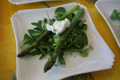green asparagus, broadbeans, peas and fresh goats curd