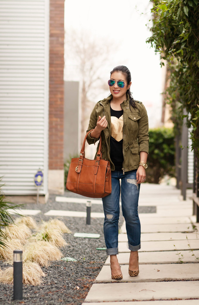 cute & little blog | petite fashion | casual spring layers outfit | utility jacket, j.crew heart graphic tee, distressed boyfriend jeans, leopard print pumps, mirrored aviators