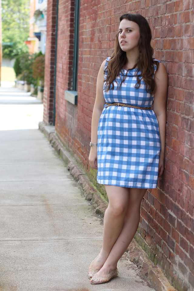 Picnic Outfit: Ruche blue gingham dress, vintage jellies, leopard horsehair skinny belt