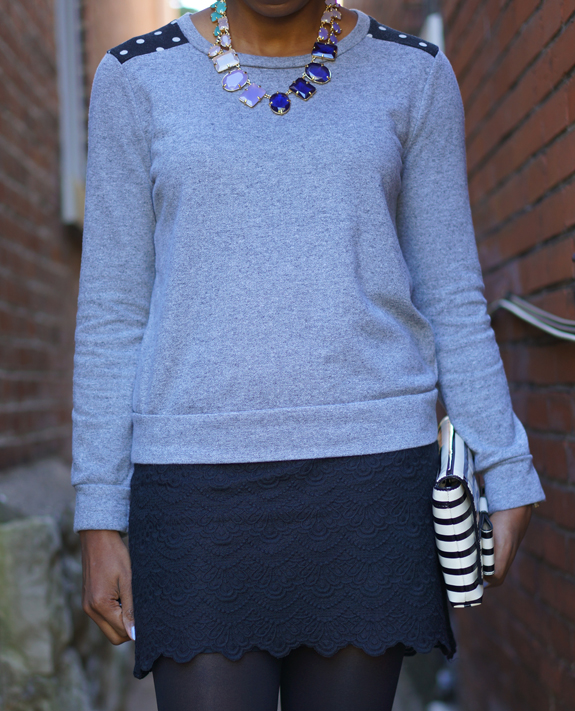 How to wear a sweatshirt, Couture sweatshirt, Kate Spade coated confetti necklace 1c