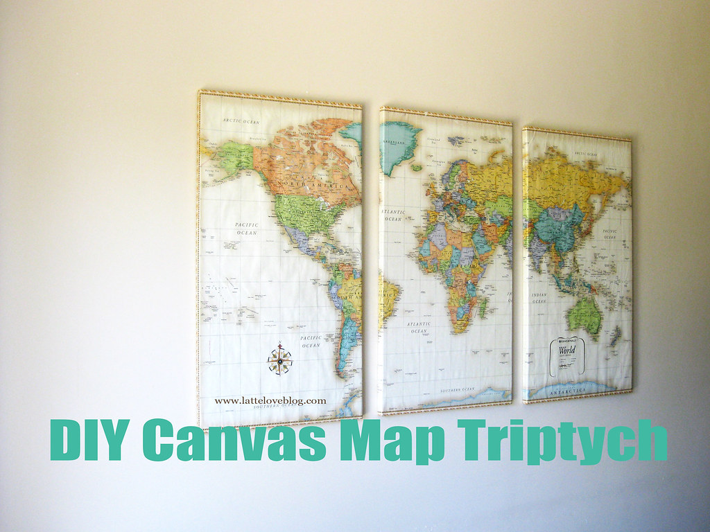 DIY: World Map Wrapped Canvas Triptych | Latte Love Blog