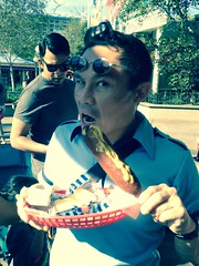Rik eating a delicious corn dog!