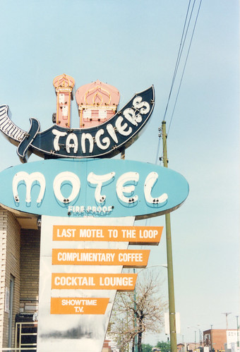 The old roadside Tangiers Motel neon sign on South Archer Avenue. (Gone.)  Chicago Illinois.  May 1986. by Eddie from Chicago