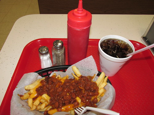 Delicious chilli cheese fries!  Nick's Drive In.  7216  North Harlem Avenue.  Chicago Illinois.  September 2013. by Eddie from Chicago