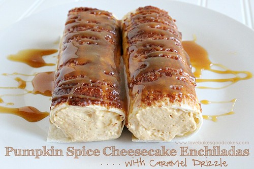 Pumpkin Spice Cheesecake Enchiladas with Caramel Drizzle on white plate.