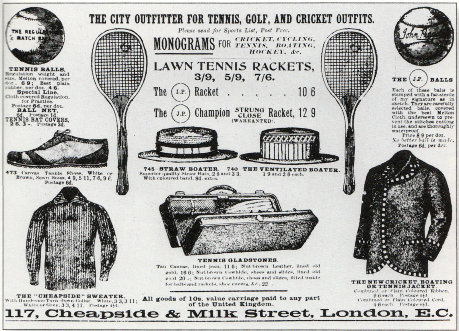 Early advertisement for tennis equipment, from an English newspaper.