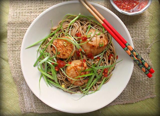 Ginger-scallion scallops with soy-citrus soba noodles
