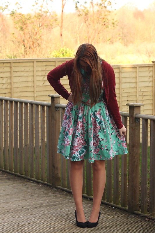 outfit with floral dress and heels