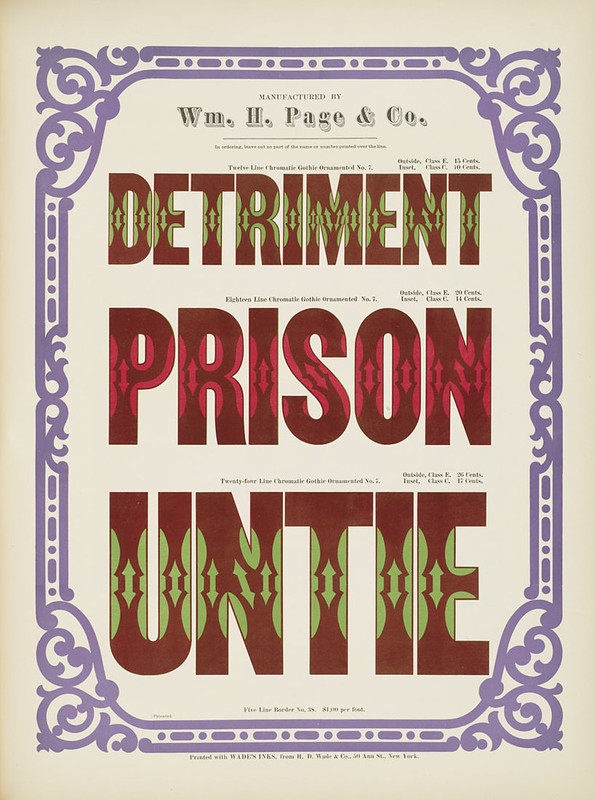 Specimens of chromatic wood type, borders 1874 - [via Columbia U] (Detriment + Prison + Unite) Gothic ornamented type
