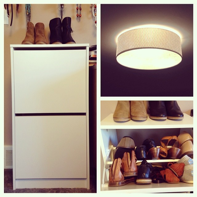 Our day off has been productive: replaced our hideous ceiling fan with a new light and assembled my new shoe storage.