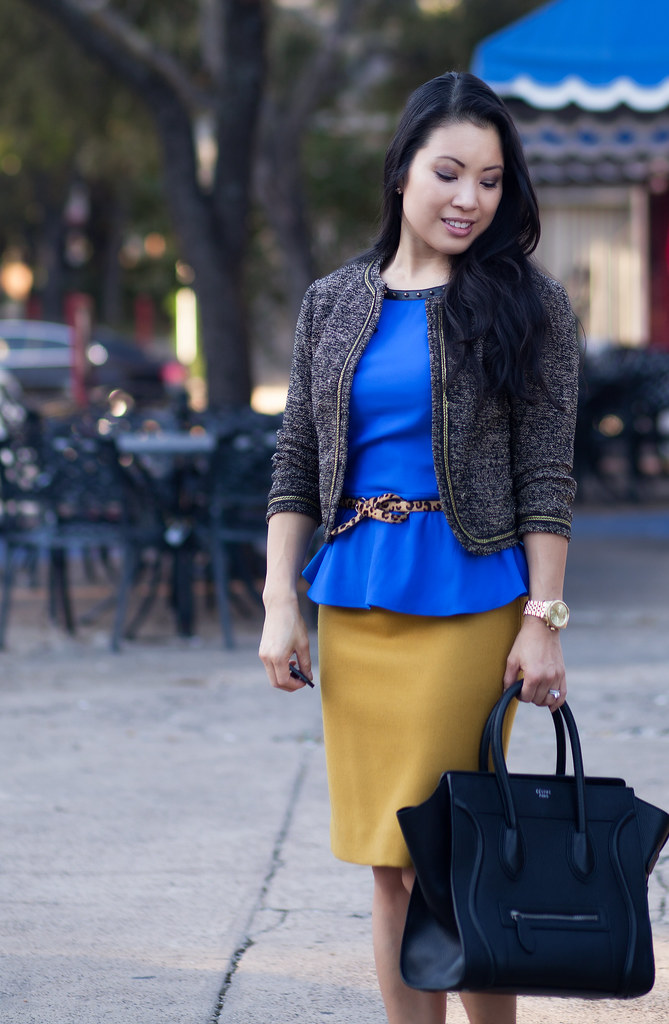 cute & little blog | express cobalt peplum, leopard belt, mustard pencil skirt, louboutin black patent decollete pumps outfit #ootd