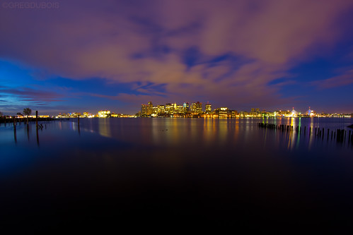 Break of Dawn over Boston Skyline and Harbor, Lo Presti Park East Boston by Greg DuBois Photography