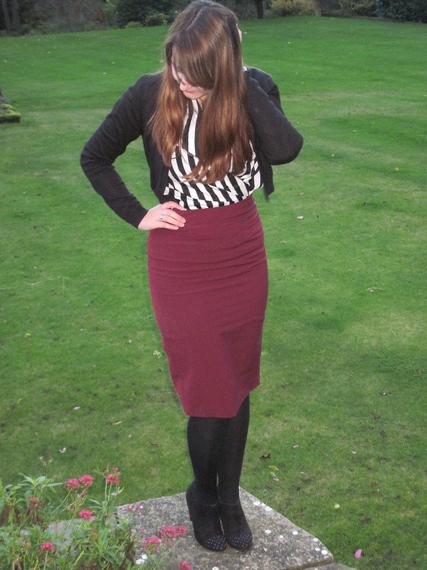 ASOS cropped cardi, striped blouse, burgundy pencil skirt, heeled boots