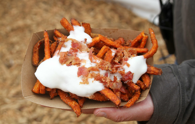 Sweet Potato Fries with Marshmallow Sauce and Bacon Crumble