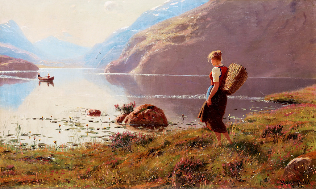 A young girl in a fjord landscape by Hans Dahl