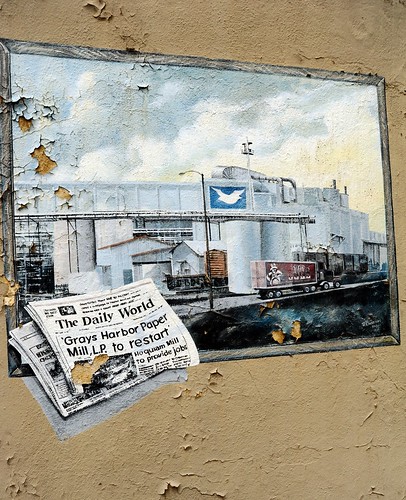 The Daily World, 'Grays Harbor Paper Mill, L.P. to restart, Hoquiam Mill to provide jobs, newspaper, wall mural, peeling paint, exterior, Washington, USA by Wonderlane