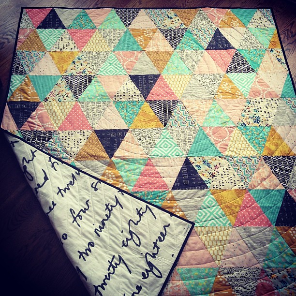 Triangle quilt all done and ready to be shipped--it's a surprise gift! Shhhh!