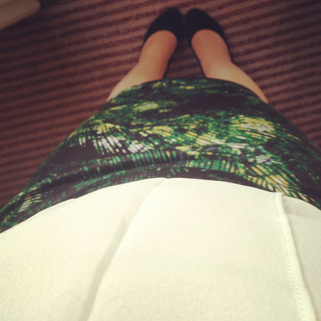 Palm Print Skirt and Cream Blouse