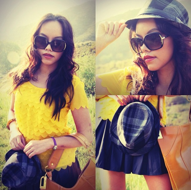 instagram-pslilyboutique-los-angeles-fashion-blogger-Oversized sunglasses, yellow scalloped chiffon top, pleated skirt