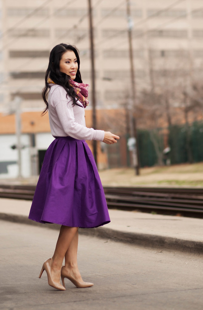 cute & little blog | floral scarf, pink sweater, chicwish full purple midi skirt, louis vuitton ellipse | spring colors outfit