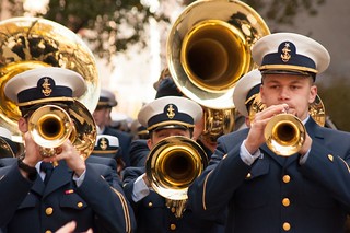 NEW YORK — The Coast Guard Academy Band marches in New York City's Veterans Day Parade, November 11, 2013. The Cadet Music Department provides an important artistic outlet for members of the Corps of Cadets. U.S. Coast Guard photo by Seaman Robert Harclerode.