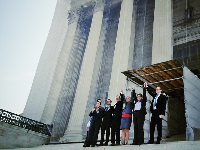 Victory! The plaintiffs in the California Proposition 8 case exiting the Supreme Court today.