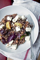 Quinoa with roasted vegetables, garbanzo beans and feta