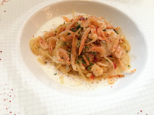 Angel Hair Pasta with Lobster, Cripsy Sakura Ebi & a Touch of Parmesan.
