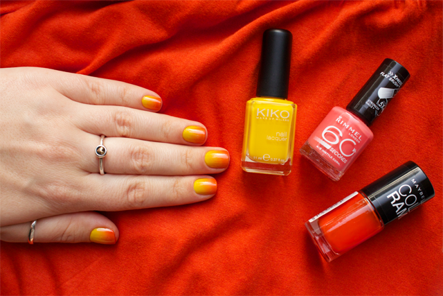 03 gradient nails kiko 279 yellow + rimmel instyle coral + colorama 155