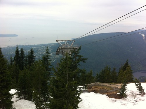 Gondola at Grouse Mountain with West Vancouver in the distance below