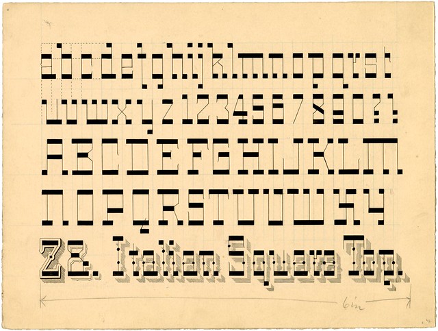 alphabet design in pen and ink of Italian Square Top alphabet