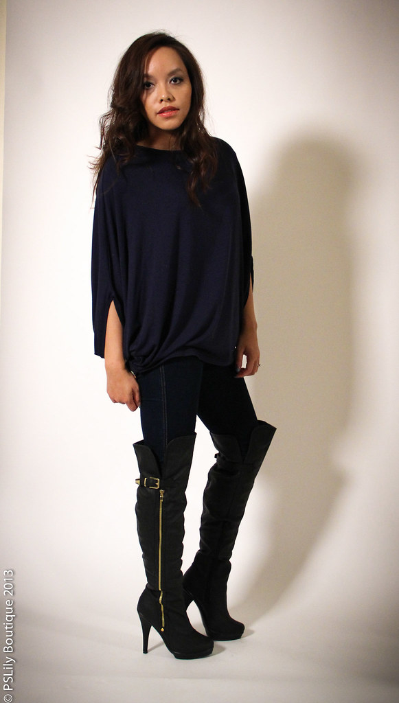 Navy blue high top, skinny jeans, black over the knee boots, pslilyboutique