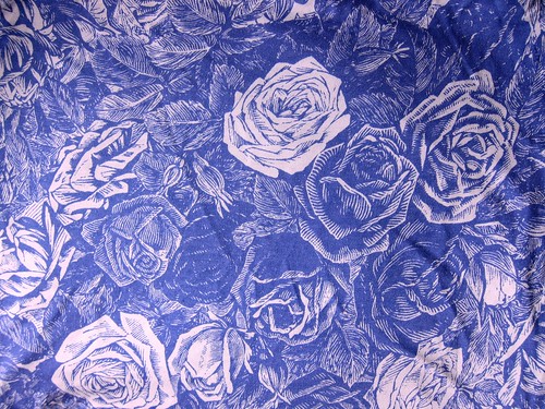 Purple and white rose print rayon/lycra knit from Mood