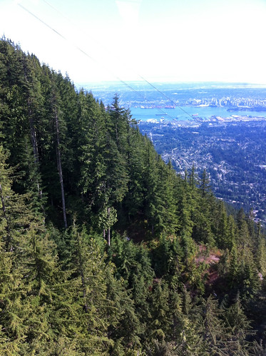 Going in the cable car down Grouse Mountain, with the Grouse Grind in the foreground and Vancouver in the background
