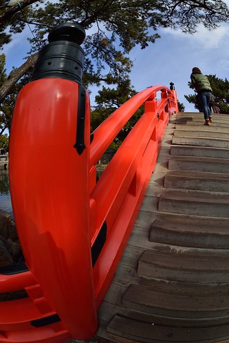 The red bridge of Sumiyoshi-taisha Shinto Shrine taken with fish-eye lens,No.1.