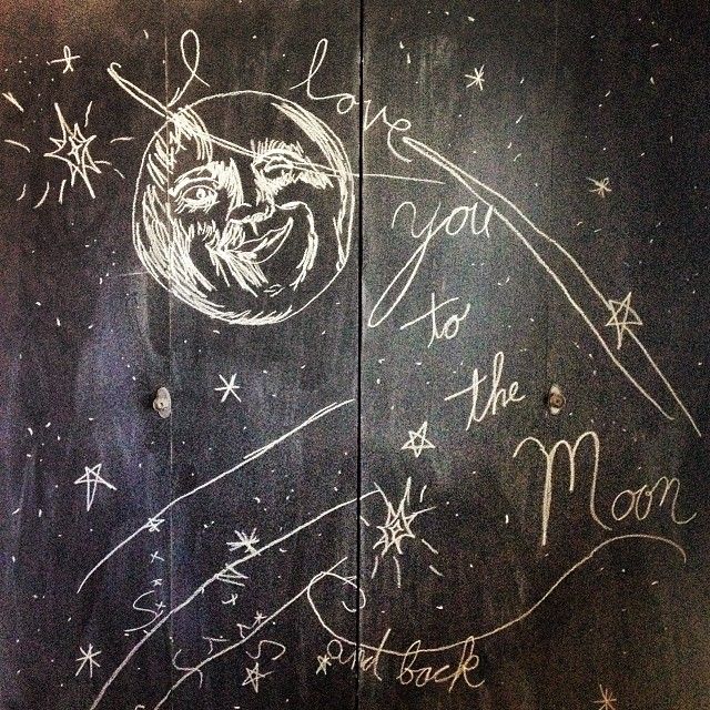 Moon, chalkboard, drawing, moon face, I love you to the moon and back, 