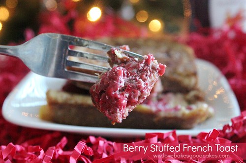 Berry Stuffed French Toast with a piece on fork close up.