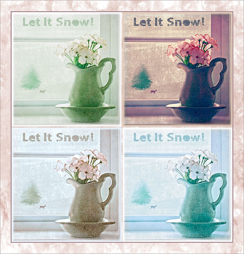 Image of white flowers in a pitcher using different color schemes from Topaz ReStyle