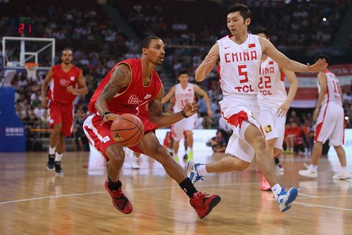 July 1st, 2013 - George Hill dribbles toward the basket in the Yao Foundation charity game in Beijing