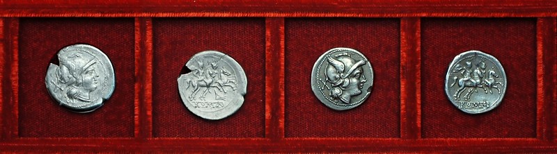 RRC 062 rostrum tridens early issue denarius and related anonymous denarius, Ahala collection, coins of the Roman Republic