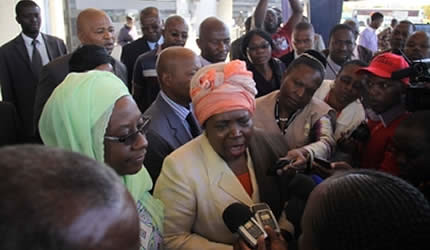 African Union Commission chairperson Dr Nkosazana Dlamini-Zuma addresses the media alongside Commissioner for Political Affairs Dr Aisha Abdullahi on arrival at Harare International Airport yesterday. (Tawanda Mudimu by Pan-African News Wire File Photos