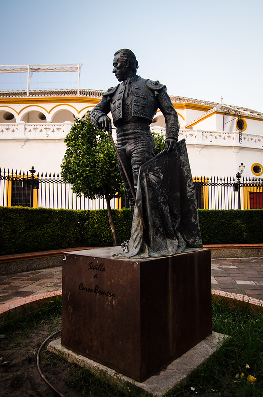 A statue of a famous toreador at Sevilla's historic Plaza de Toros, home of the bullfights. 