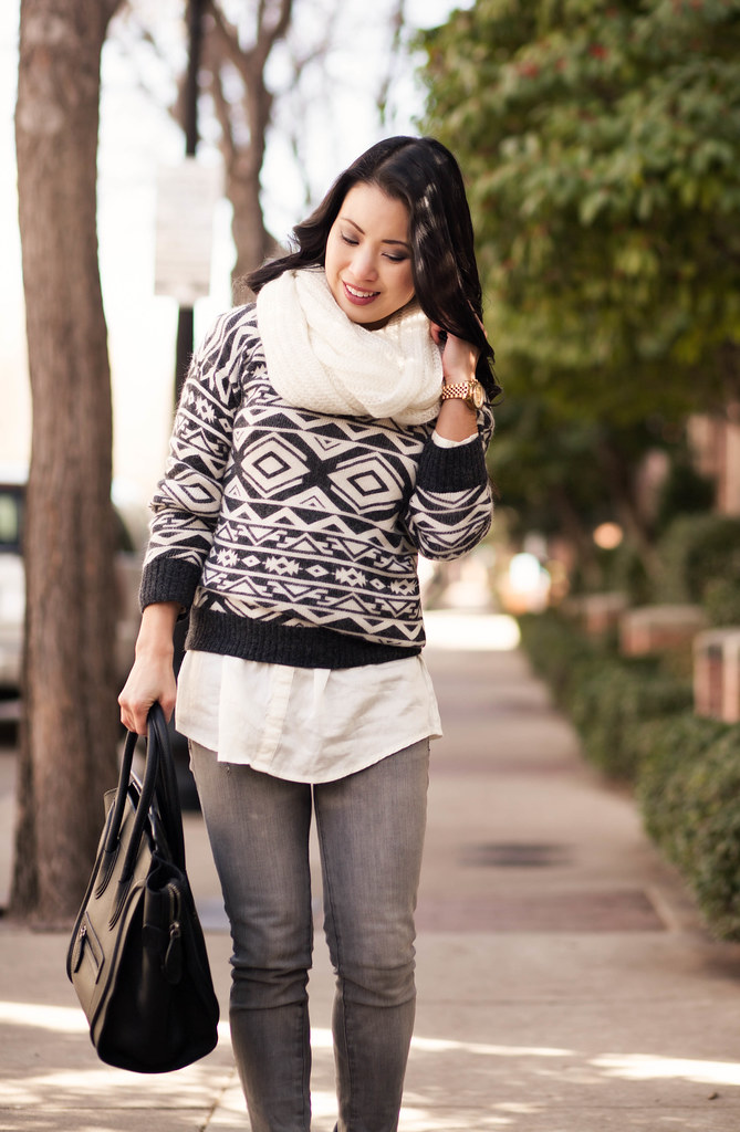 cute & little blog | shades of gray | white infinity scarf, aztec sweater, white shirt, gray skinny jeans | winter outfit