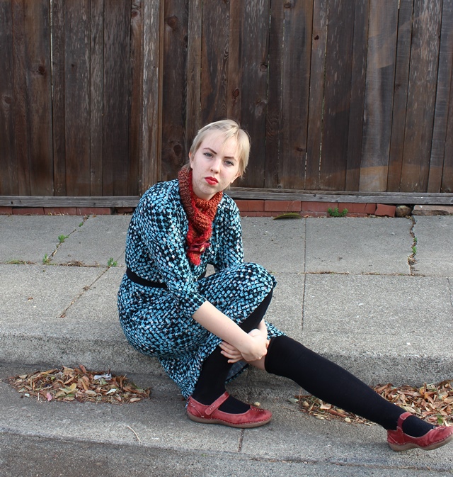 Teal Patterned Tea-Length Dress, Auburn Pumpkin Scarf, Black Knee Socks - OOTD 1/8/2014