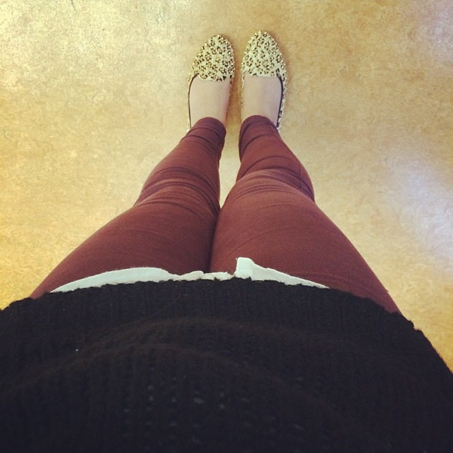 Burgundy jeans @topshop jeans, Jeffrey Campbell flats, white shirt and my steal of an @asos jumper (£6 in the sale) #todayimwearing