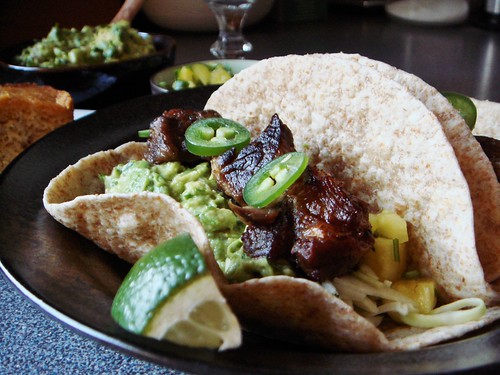Tacos with Carnitas, Guacamole, Pineapple Salsa, Slaw