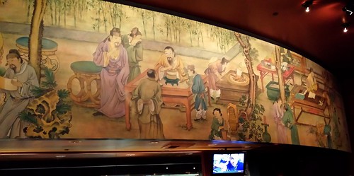Ancient Chinese restaurant mural, TV, bamboo, hotpot, tea, reading, culture, enjoyment, relaxation, discussion, P.F. Changs, Bellevue, Washington, USA by Wonderlane